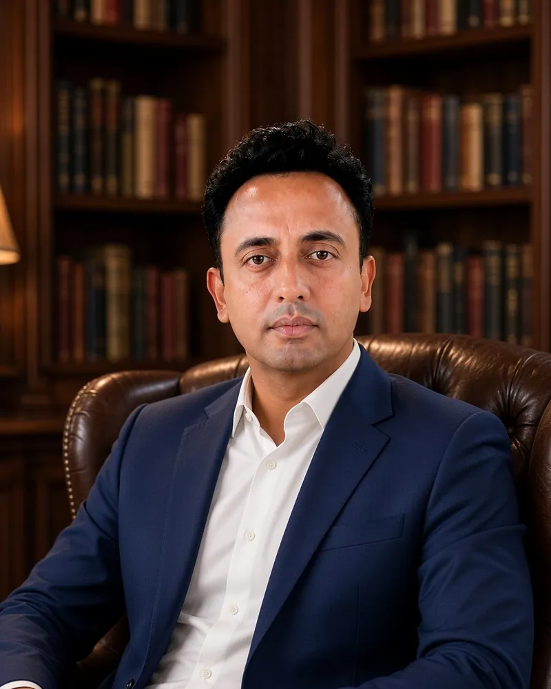 Executive portrait of Jitendra Wadhwani, Indian businessman, in a wood-panelled library