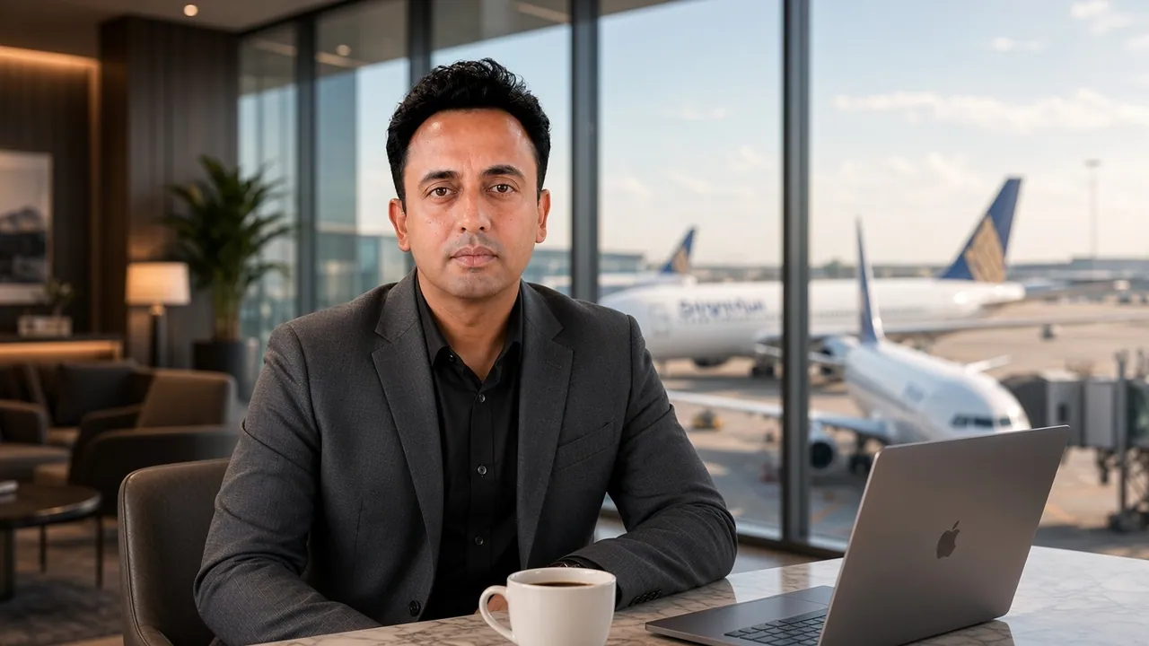 Jitendra Wadhwani working with a laptop in an airport business lounge