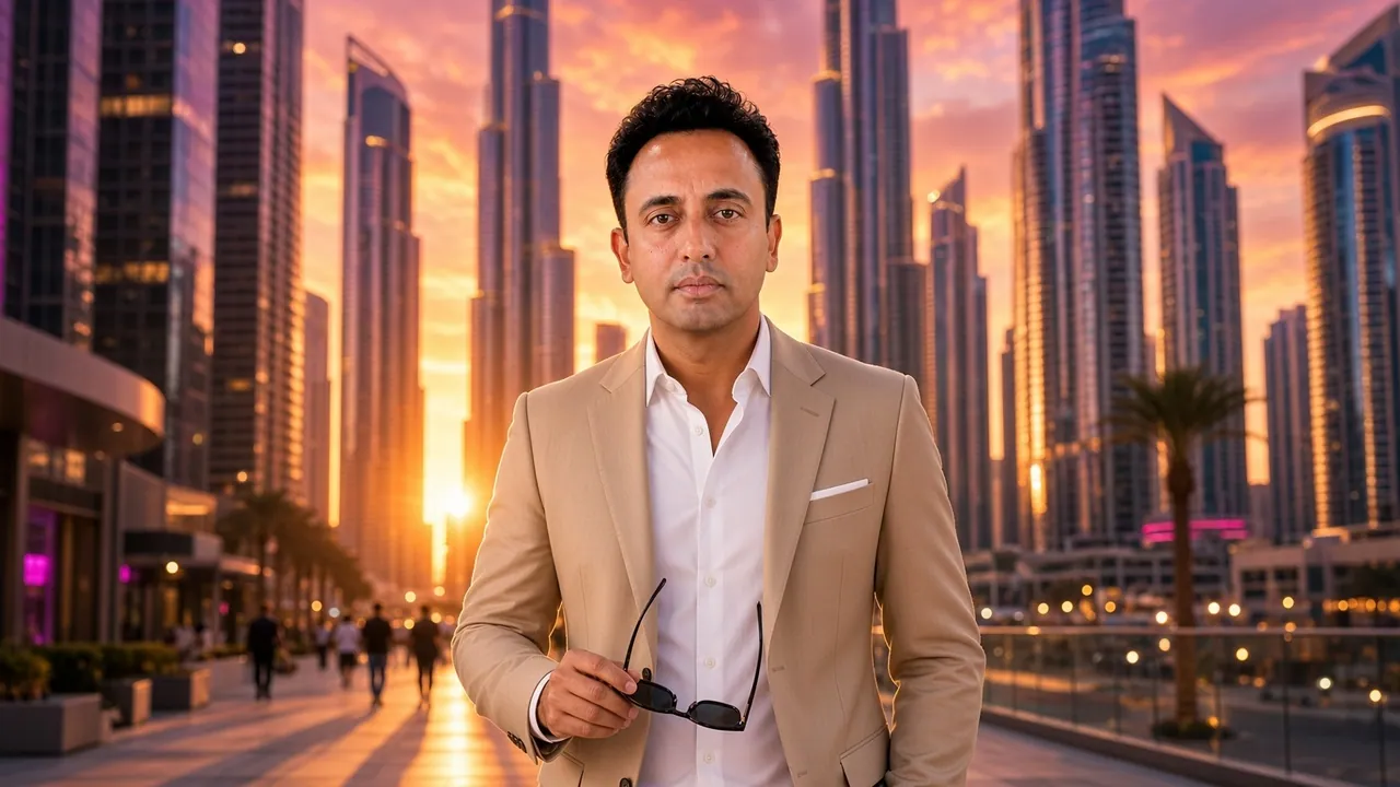 Jitendra Wadhwani in a modern glass-tower business district at sunset