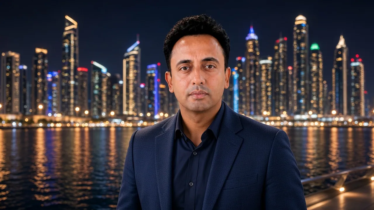 Jitendra Wadhwani on a waterfront promenade with a city skyline at night