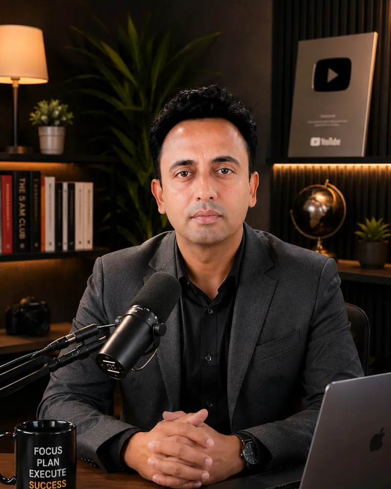 Jitendra Wadhwani, Indian businessman and YouTuber, at his desk in a modern studio office