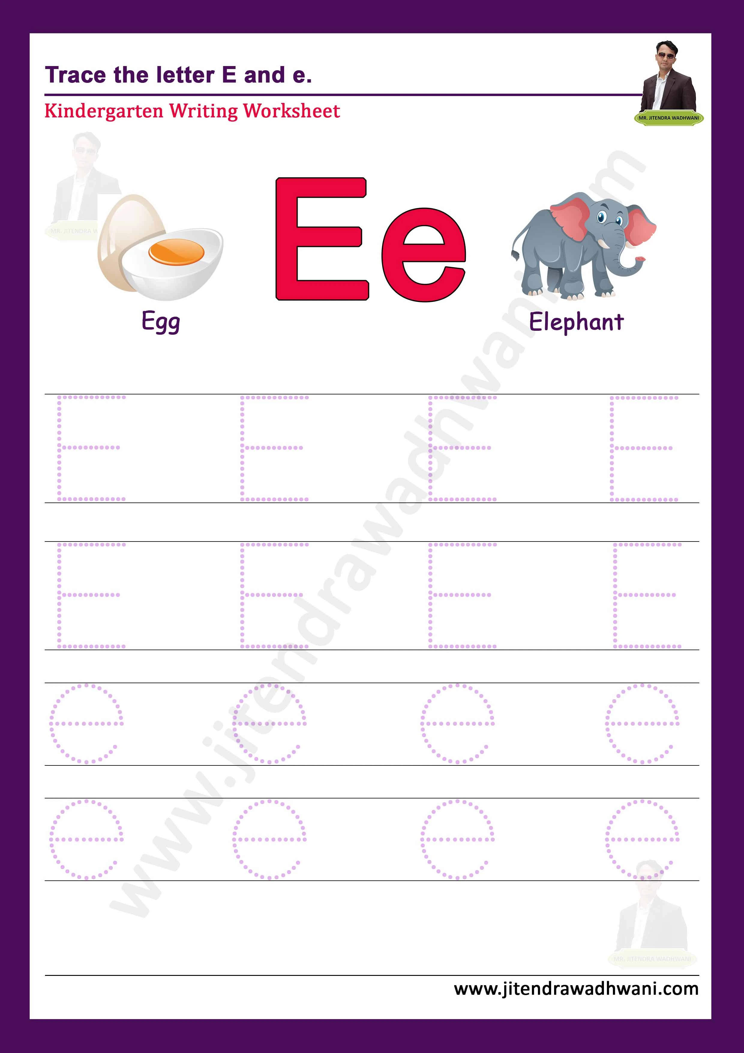 English letter E Tracing Worksheet