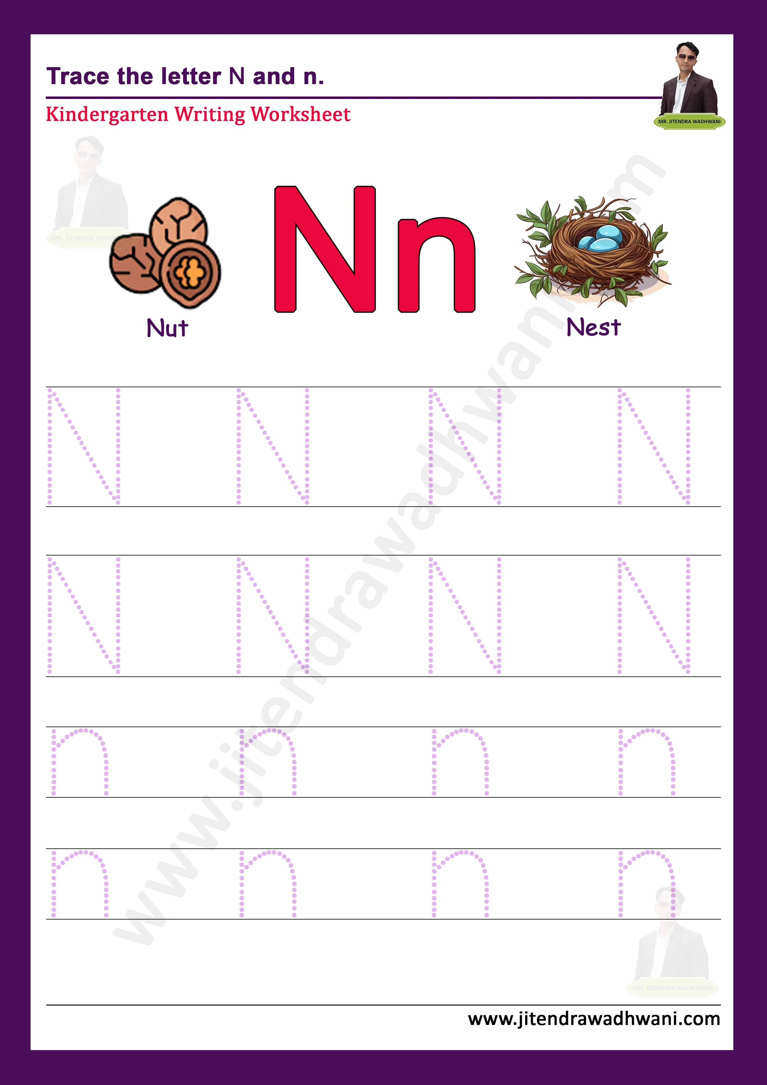 English letter N Tracing Worksheet