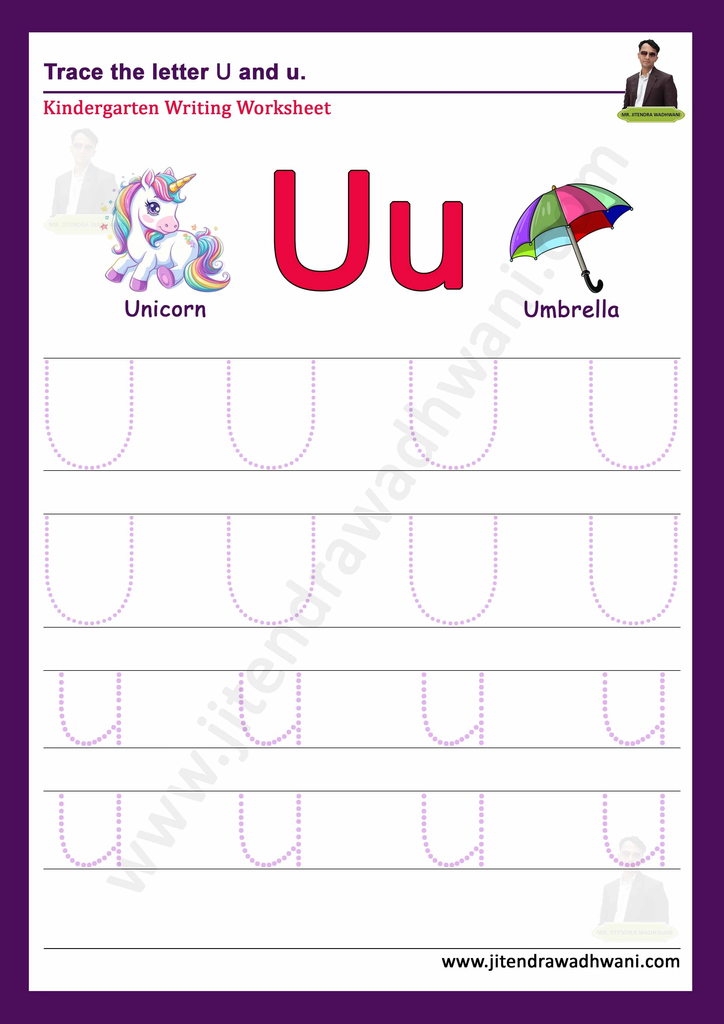 English letter U Tracing Worksheet