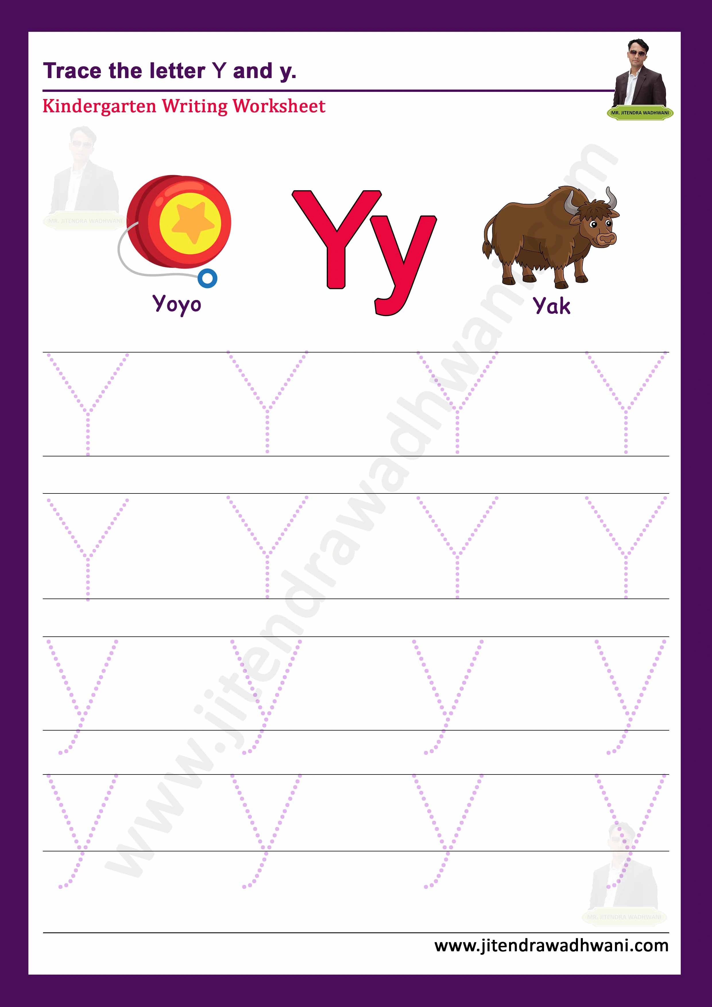 English letter Y Tracing Worksheet